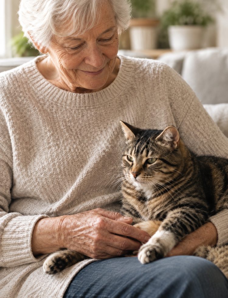Senior holding a tabby cat